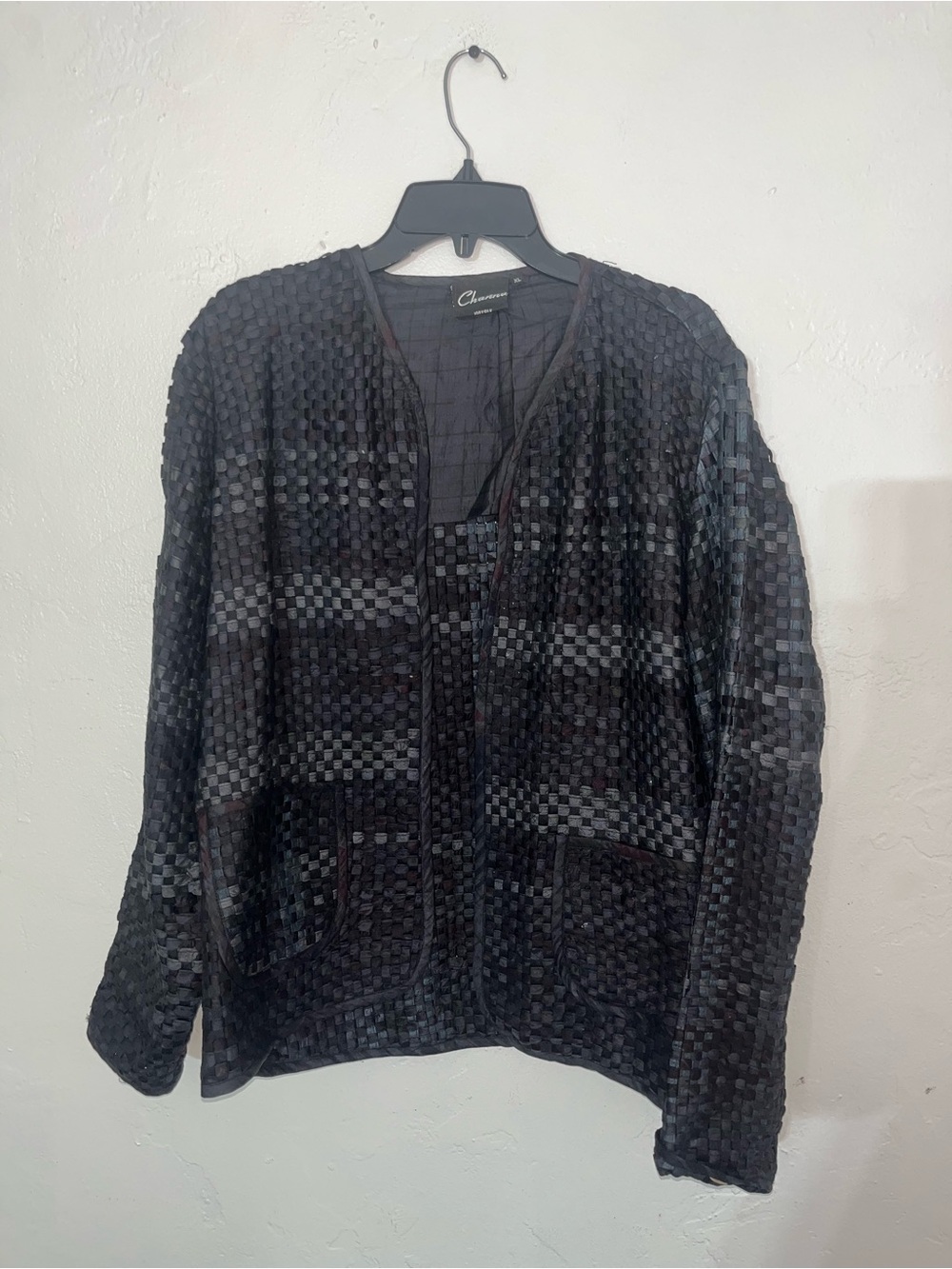 100% SILK Basket Weave Vintage Indian  Chańna Black Textured Monochrome Cardigan